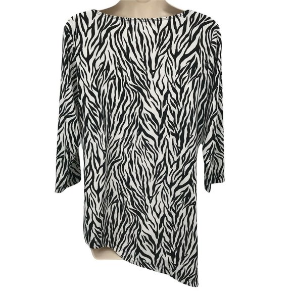 Chico's Womens Long Sleeves Zebra Print Hi Low Hem Black Tunic Blouse Top Size M - Picture 2 of 7